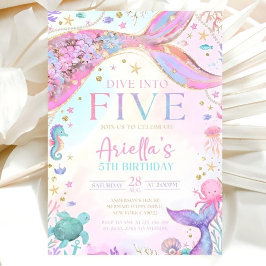 Dive into Five 5th Birthday Mermaid Invitation, Me 招待状