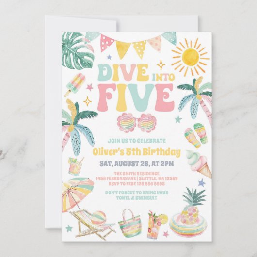 Dive Into Five Beach Party Summer 5th Birthday  招待状 (正面)