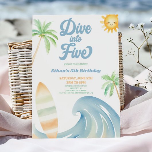 Dive Into Five Beach Surf Blue 5th Birthday Party 招待状