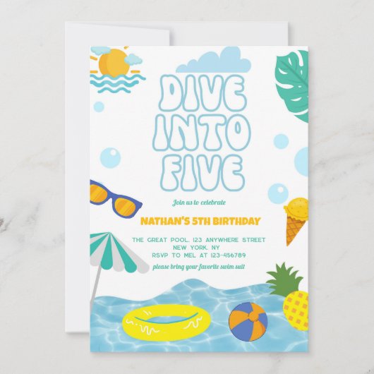 Dive Into Five Boy 5th Birthday Pool Summer Party 招待状 (正面)