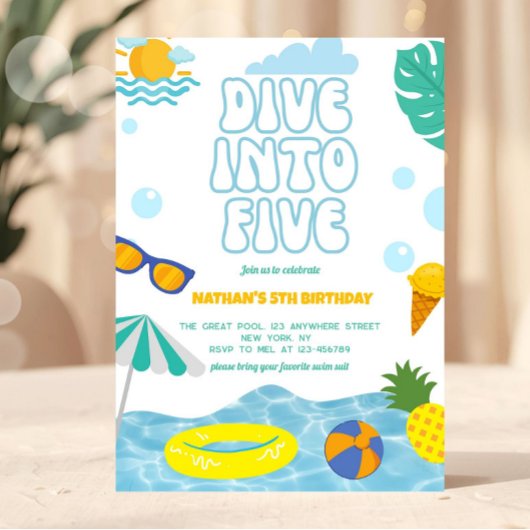 Dive Into Five Boy 5th Birthday Pool Summer Party 招待状
