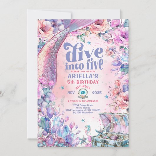 Dive into Five Flower Glitter Mermaid Tail  招待状 (正面)