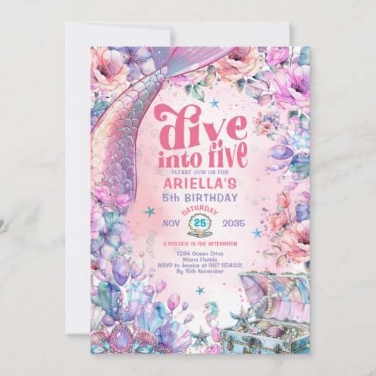 Dive into Five Flower Glitter Mermaid Tail  招待状 (正面)