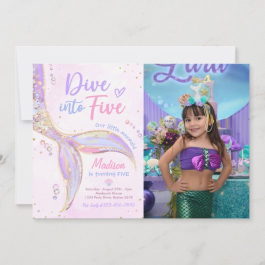 Dive Into Five Mermaid 5th Birthday Party Photo 招待状 (正面)