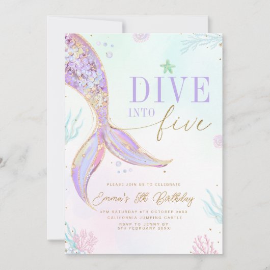 Dive into Five Mermaid Birthday Invitation Editabl 招待状 (正面)