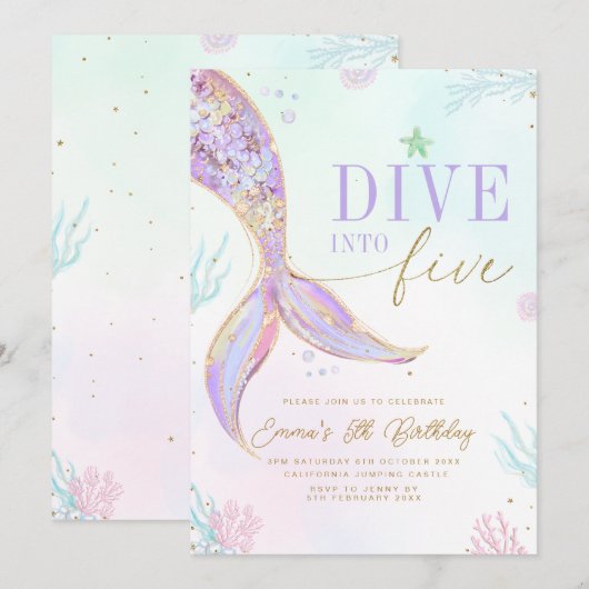 Dive into Five Mermaid Birthday Invitation Editabl 招待状 (正面/裏面)