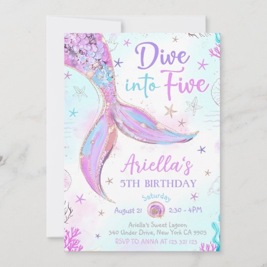 Dive into Five Mermaid Purple Teal 5th Mermaid Bir 招待状 (正面)