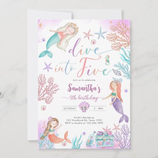 Dive Into Five Mermaid Under The Sea 5th Birthday  招待状 (正面)