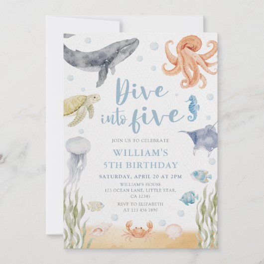 Dive Into Five Ocean Animals 5th Birthday 招待状 (正面)