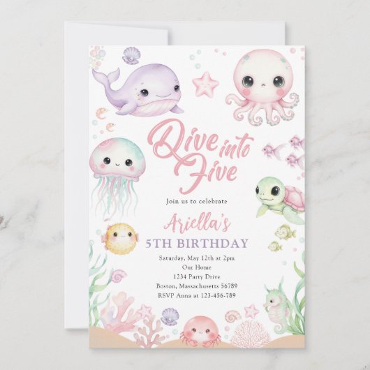 Dive Into Five Ocean Animals 5th Birthday 招待状 (正面)