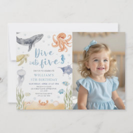 Dive Into Five Ocean Animals 5th Birthday Photo 招待状