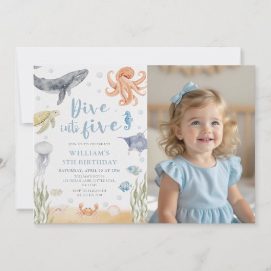 Dive Into Five Ocean Animals 5th Birthday Photo 招待状 (正面)