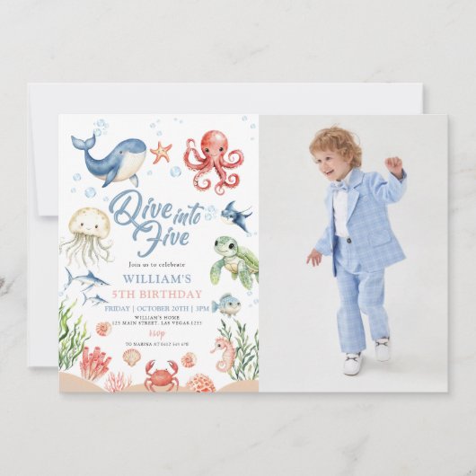 Dive Into Five Ocean Animals 5th Photo Birthday 招待状 (正面)