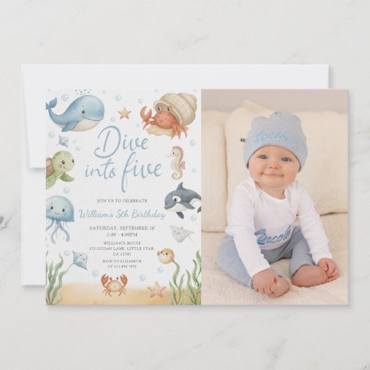 Dive Into Five Ocean Animals 5th Photo Birthday  招待状 (正面)