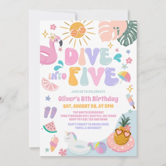 Dive Into Five Pool Party Summer 5th Birthday 招待状 (正面)