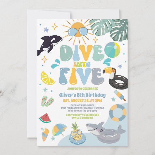 Dive Into Five Pool Party Summer 5th Birthday 招待状 (正面)