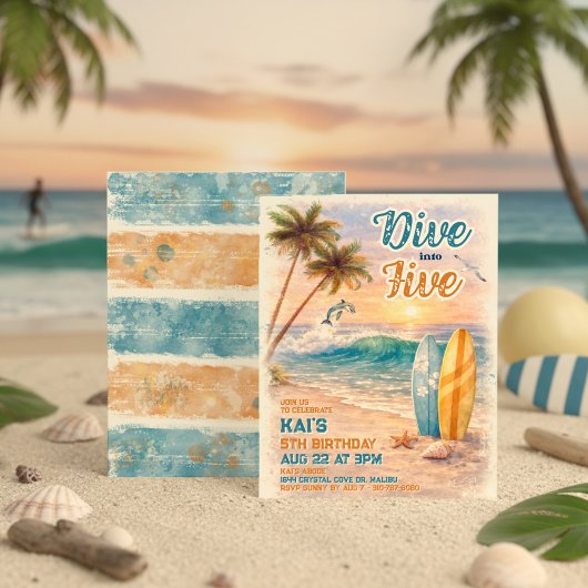 Dive into Five Retro Surf Beach 5th Birthday  招待状