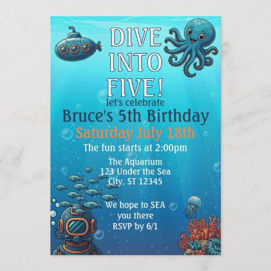 Dive Into Five, Under the Sea Blue birthday party 招待状 (正面)