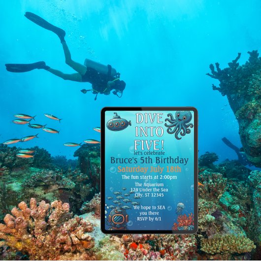 Dive Into Five, Under the Sea Blue birthday party 招待状