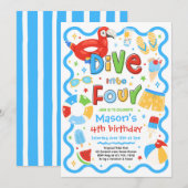 Dive Into Four Summer Pool Party 4th Birthday 招待状 (正面/裏面)
