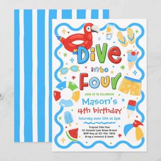 Dive Into Four Summer Pool Party 4th Birthday 招待状 (正面/裏面)