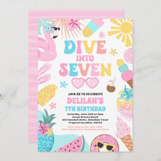 Dive Into Seven Tropical Beach 7th Birthday Party 招待状 (正面/裏面)