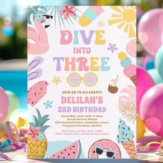 Dive Into Three Tropical Beach 3rd Birthday Party 招待状