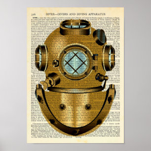 Diver Helmet Divingヴィンテージ-辞書 ポスター