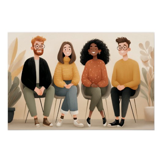 Diverse Friends Sitting Together Cozy Illustration ポスター (正面)