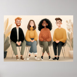Diverse Friends Sitting Together Cozy Illustration ポスター