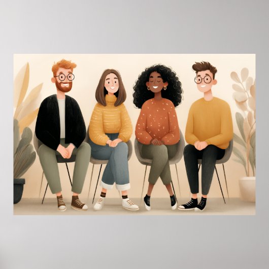 Diverse Friends Sitting Together Cozy Illustration ポスター (正面)