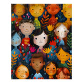 Diverse Happy Children Floral Pattern Illustration ポスター (正面)