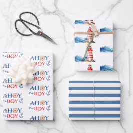 Diverse Nautical Ahoy Boy Lighthouse  Baby Shower ラッピングペーパーシート