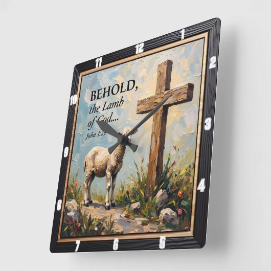 Divine Grace: John 1:29 Time スクエア壁時計 (傾斜)