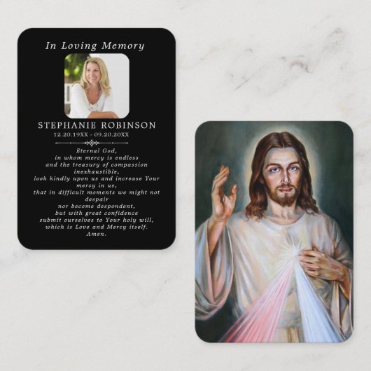 Divine Mercy Catholic Funeral Black Prayer Card 名刺 (正面/裏面)