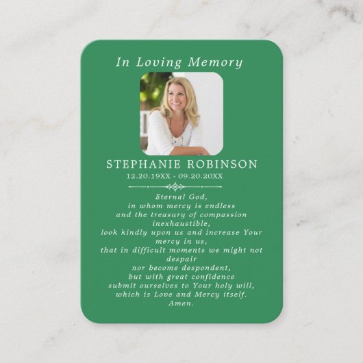 Divine Mercy Catholic Funeral Green Prayer Card 名刺 (正面)
