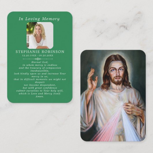 Divine Mercy Catholic Funeral Green Prayer Card 名刺 (正面/裏面)