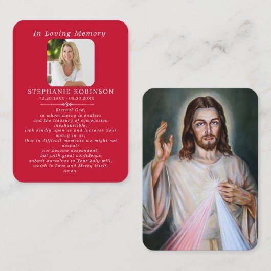 Divine Mercy Catholic Funeral Red Prayer Card 名刺 (正面/裏面)