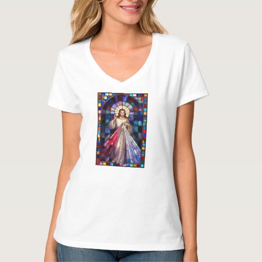 Divine Mercy Jesus Women's V-Neck Tee Shirt Tシャツ (正面)