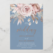 Divine Rose Gold Blush & Blue Floral Wedding 箔招待状 (正面)
