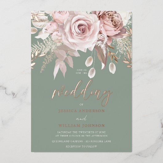 Divine Rose Gold Blush & Sage Floral Wedding 箔招待状 (正面)