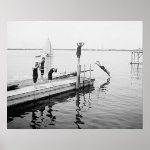 Diving Off the Pier, 1904. Vintage Photo ポスター