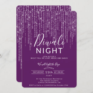 Diwali紫の白いグリッター文字列ライトスクリプト 招待状