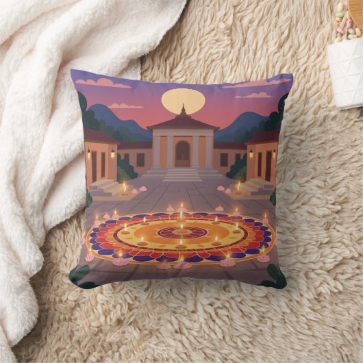 Diwali 2025 Throw Pillow – Rangoli & Diya Home Dec クッション (ブランケット)
