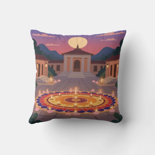 Diwali 2025 Throw Pillow – Rangoli & Diya Home Dec クッション (裏面)