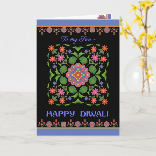 Diwali Card for a Son, Rangoli Pattern on Black カード (黄色い花)