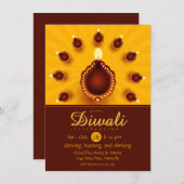 Diwali Diyasと黄色の太陽光線 招待状 (正面/裏面)