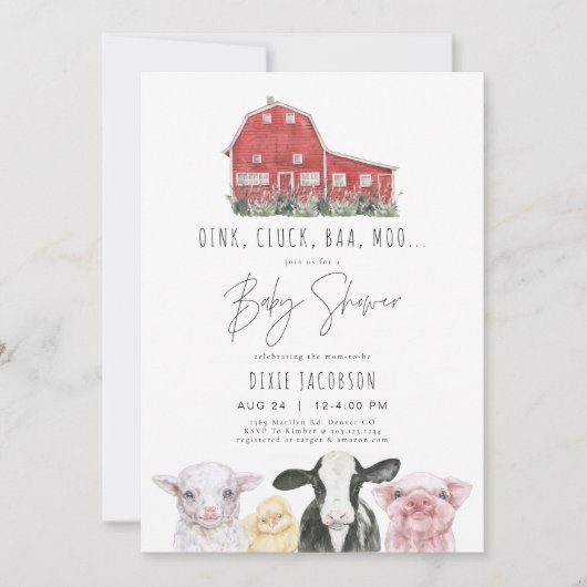 DIXIEカントリーレッドバーンファーム動物ベビーシャワー 招待状 (正面)