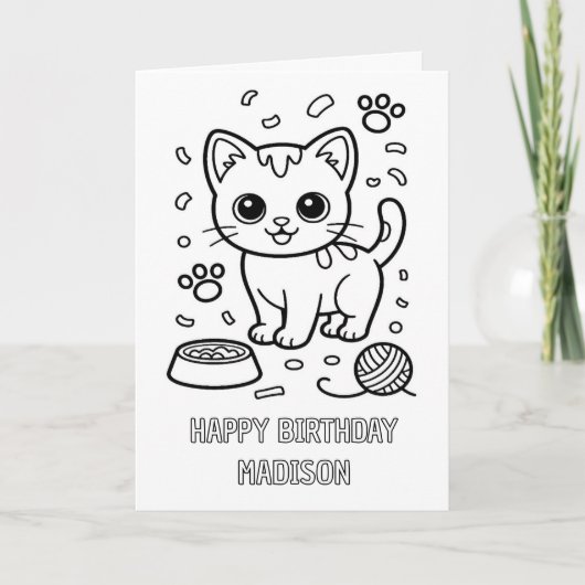 DIYぬりえ折りたたみ式猫の誕生日カード カード (正面)
