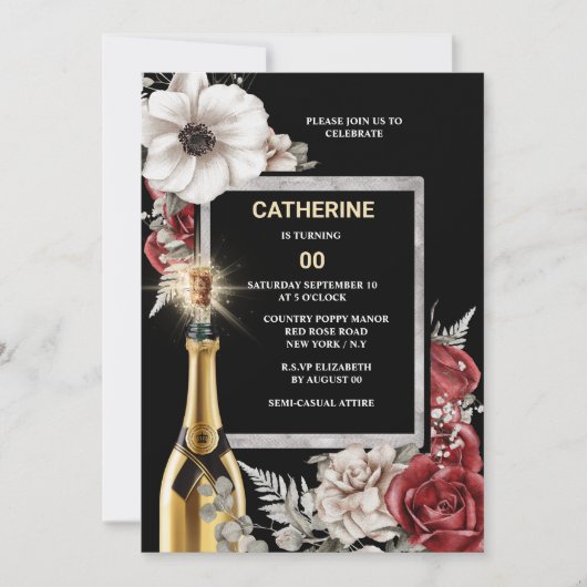 DIYエイジレッドローズワきらめくインエレガントフローラ 招待状 (正面)